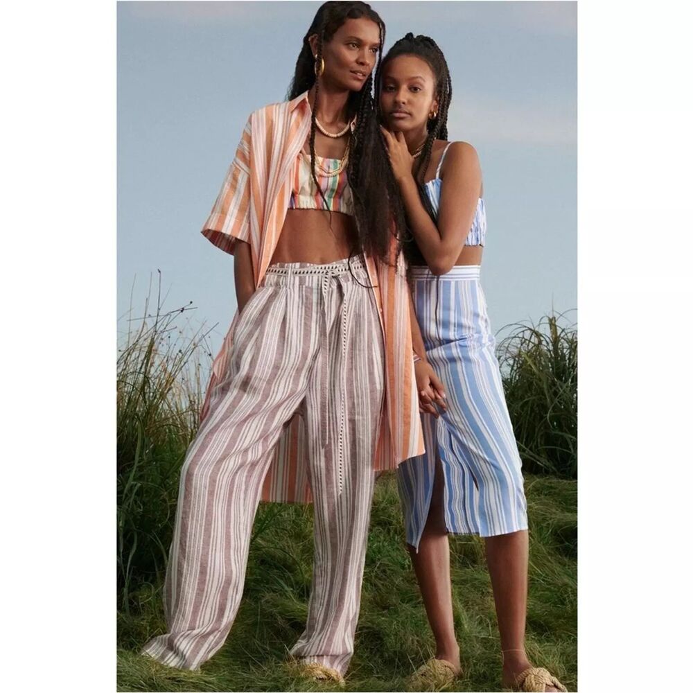 Lemlem x H&M Stripe Linen Blend Crop Top(M) and Midi Skirt(4) Blue/White NWT ***